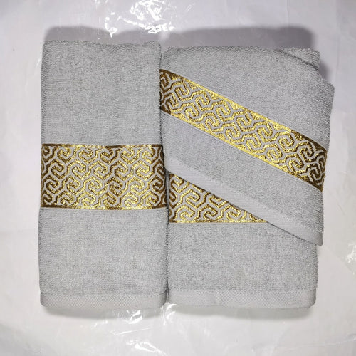 3 Piece Luxury Towel Set - Grey with Gold Scroll - CQ Linen