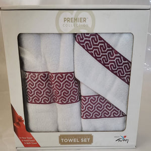 3 Piece Luxury Towel Set - White with Burgundy Scroll - CQ Linen