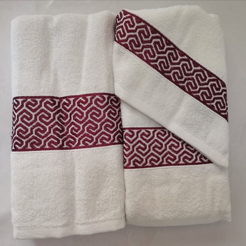 3 Piece Luxury Towel Set - White with Burgundy Scroll - CQ Linen